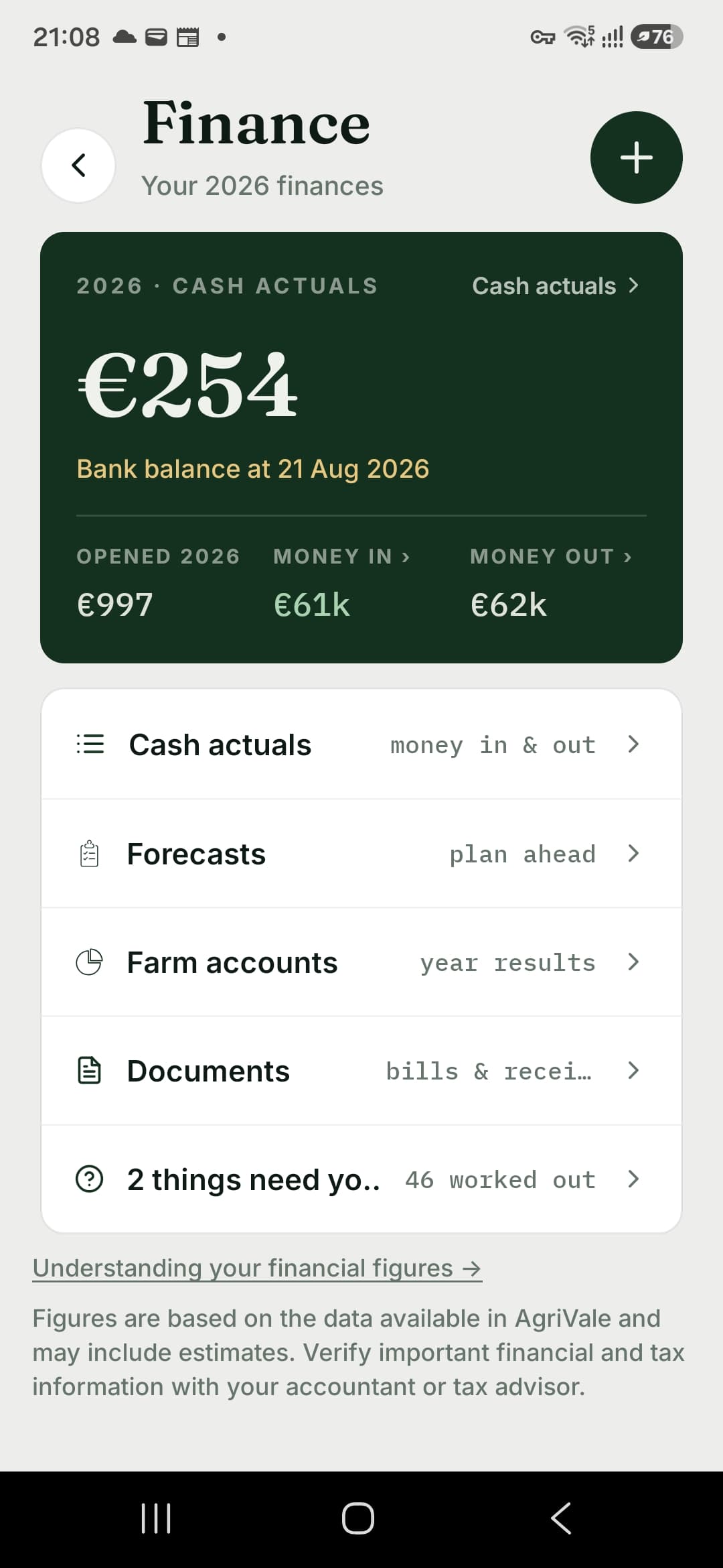AgriVale Finance: cash actuals with bank balance, money in and money out, plus Forecasts, Farm accounts and Documents